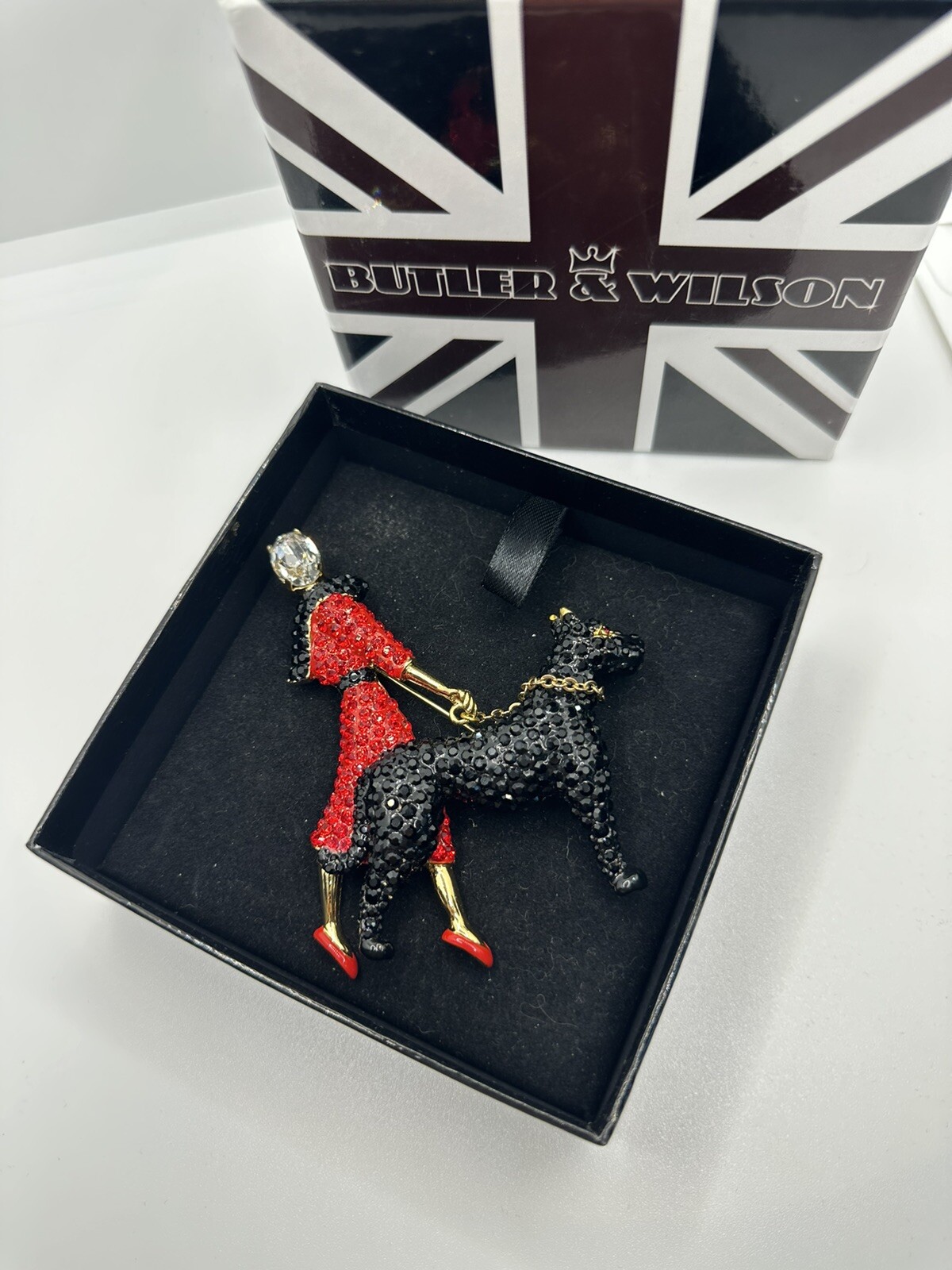 Butler & Wilson Gold Plated Lady Walking Dog Brooch Black and Red