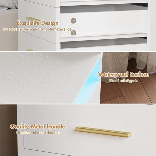 Bedside Table 3 Drawers Wooden, LED Nightstand with Charging Station and USB Po - Picture 5 of 8