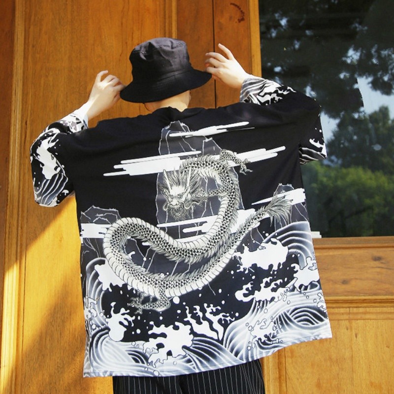 ALTRA Cappotto Yukata Kimono Uomo Giapponese Retro Top Sciolto Drago Bianco Nero Baggy