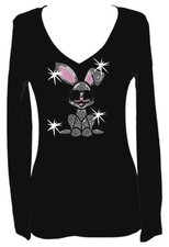 ALL RHINESTONE EASTER BUNNY W GLASSES BLING V NECK LONG SLEEVE TEE SHIRT