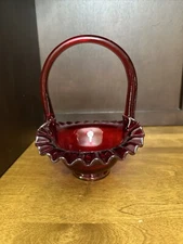 Fenton Basket Art Glass Ruby Red Ruffled Edges Hand Blown Cadmium Glow 8”