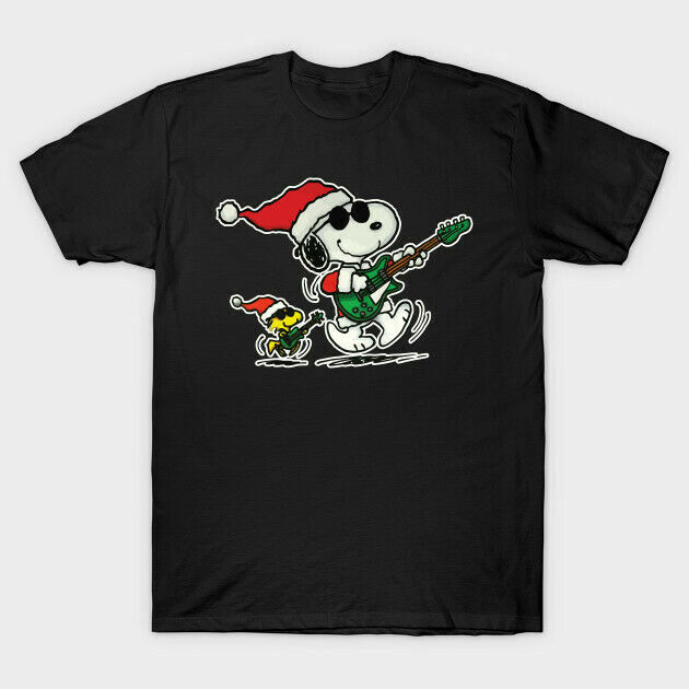 Peanuts Christmas Snoopy And Woodstock Playing Guitar Funny Black T