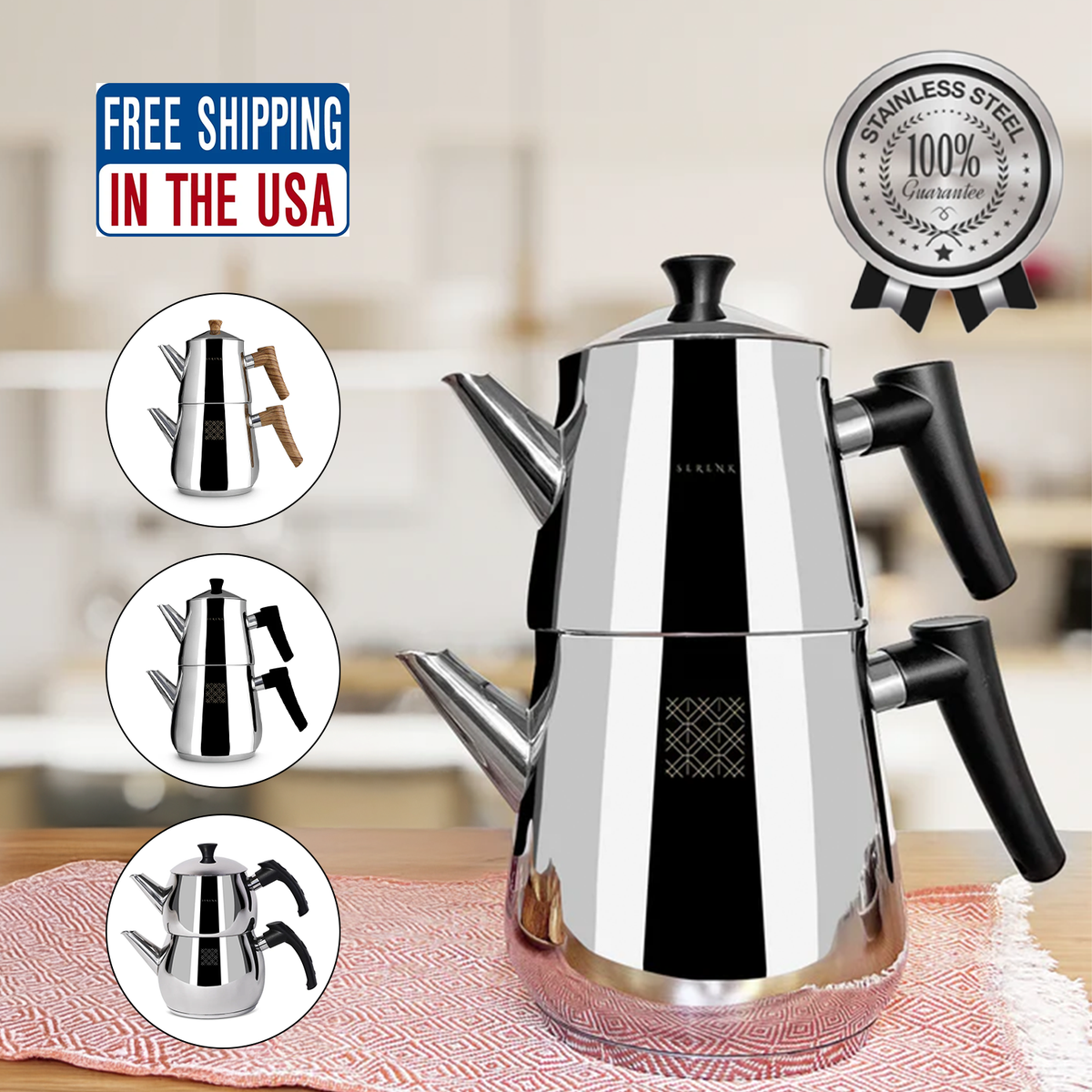 Turkish Tea Pot Set 18/10 Stainless Steel, Rapid Boil Stove Top