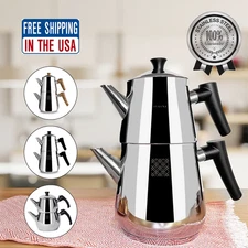 Turkish Tea Pot Set 18/10 Stainless Steel, Rapid Boil Stove Top Tea Kettle