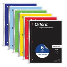 Oxford Spiral Notebook 6 Pack, 1 Subject, College Ruled Paper, 8 x 10-1/2 Inch