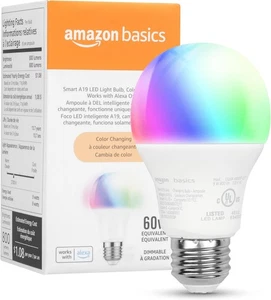 Amazon Basics A19 Smart LED Bulb, Color Changing, 9W 60W Equivalent