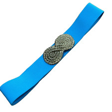 Vintage Blue Stretch Belt Massive Goldtone Rope Textured Twist Buckle 1980  s