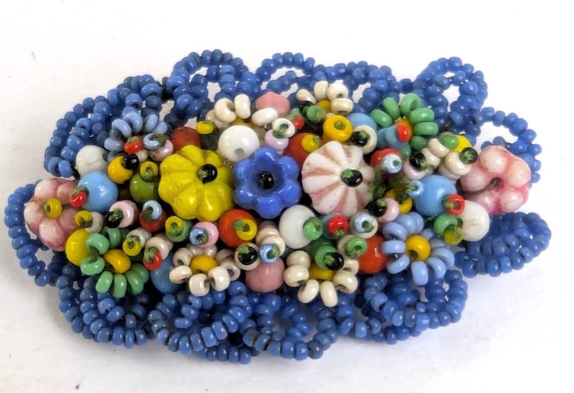 Vintage Early Hand Beaded Miriam Haskell Style Glass Flower Seed Bead Brooch