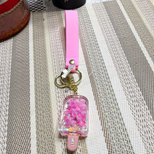 Pink Wristlet Key Chain Strap w/ Key Ring, Beaded Accents, Popsicle Charm