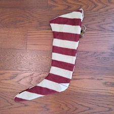 LARGE 25" Primative Style Red Tan Stripe Knit Christmas Stocking W/ Jingle Bells