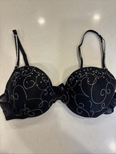 34C Frederick's of Hollywood Convertible Push Up Bra Missing Pads Rhinestones