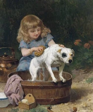 BATH DAY GIRL WASHING PET DOG TERRIER PAINTING BY LOUIS MARIE DE SCHRYVER REPRO