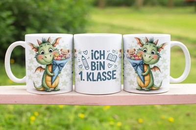 Einschulungstasse   Ich bin 1. Klasse | Grüner Drache mit Schultüte