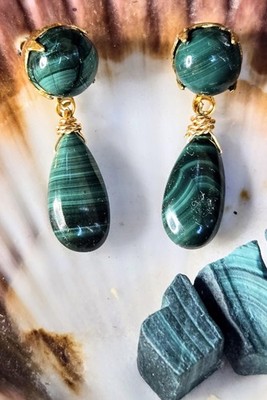 Genuine Congolese Green Malachite In Dainty & Feminine Gold Plated Earrings