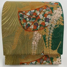 Japanese Silk Fukuro obi Green Thread spool Grass and flowers Good Excellent 215