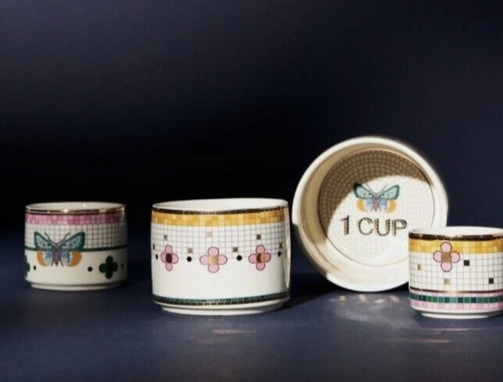Anthropologie NIB Bistro Garden Tile Measuring Cups Set of 4 BUTTERFLY Pink Gilt