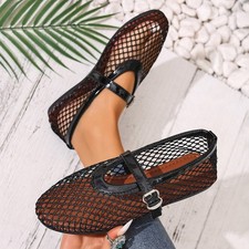 Women Mesh Ballet Flats Round Toe Fishnet Buckle  Ballerina Mary Jane Flats