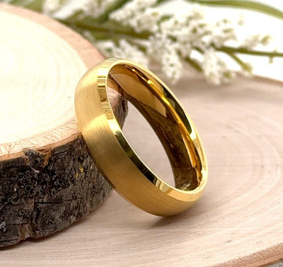 6MM Gold Tungsten Engraved Ring Brushed Center & Polished Edge Christmas Band
