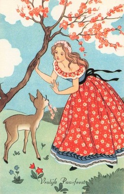 Vintage Holländische Ostern Postkarte Vrolijk Paasfeest Mädchen Hirschblüte Frühling 48512