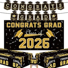 Graduation Decorations 2026 - Black Gold Congrats Grad Banner Backdrop Tableclot