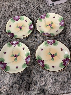 VTG 4 NIPPON Fruit Plates Hand-Painted Purple Flowers w Gold Trim (TE-OH) 6 