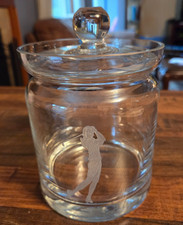 Etched Woman Golfer Clear Glass Canister Cookie Jar Food Jar 6.5"