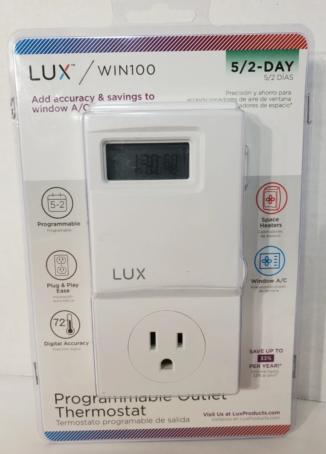 Lux Smart Temp Win 100 Series 5-2 Programmable Outlet Thermostat New In Package