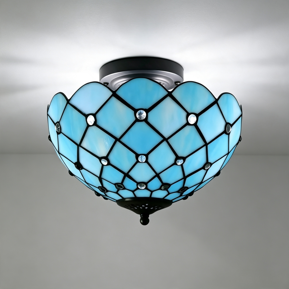 Blue Led Ceiling Victorian Semi Flush Mount Ceiling Light Tiffany Style Geometric LED ...