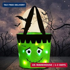 Halloween Trick or Treat Candy Bags LED Light Up Pumpkin Bucket, Collapsible Reu