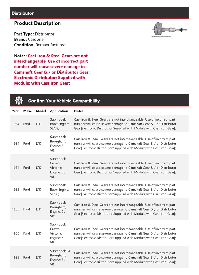 Ford LTD 1984-1985 5L V8 distribuidor cardone Foto 2 de 4