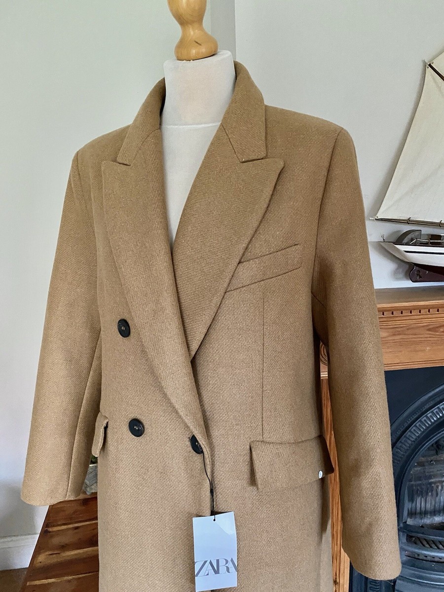 Zara Camel Brown Wool Blend Double Breasted Long Coat XS UK8