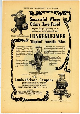 1911 Lunkenheimer Co. Ad: Generator Valves for Cars - Cincinnati, OhiO