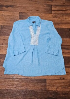 Jones New York Tunic Top Extra Large Turquoise Linen Blend Lagenlook Modest