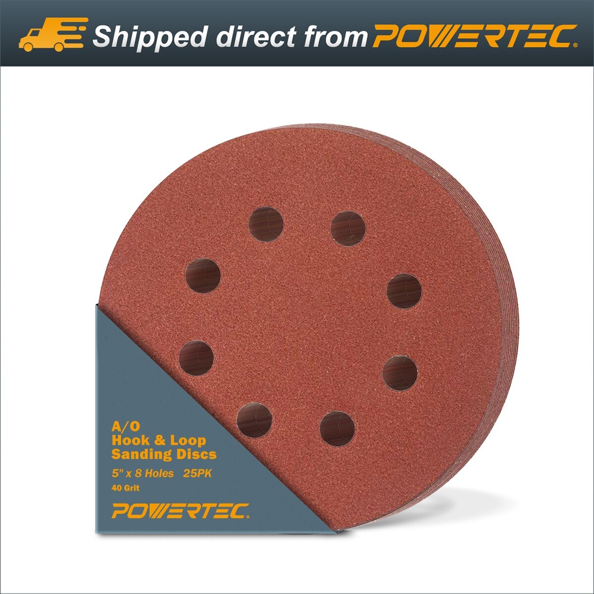 POWERTEC 5" 8-Hole Hook & Loop Sanding Discs – 40 Grit, 25 Pack – For Random Orbital Sanders