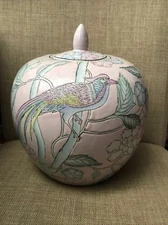 WBI Chinese GINGER JAR URN W LID Hand Painted Porcelain EXOTIC BIRD Blue Pink 9”