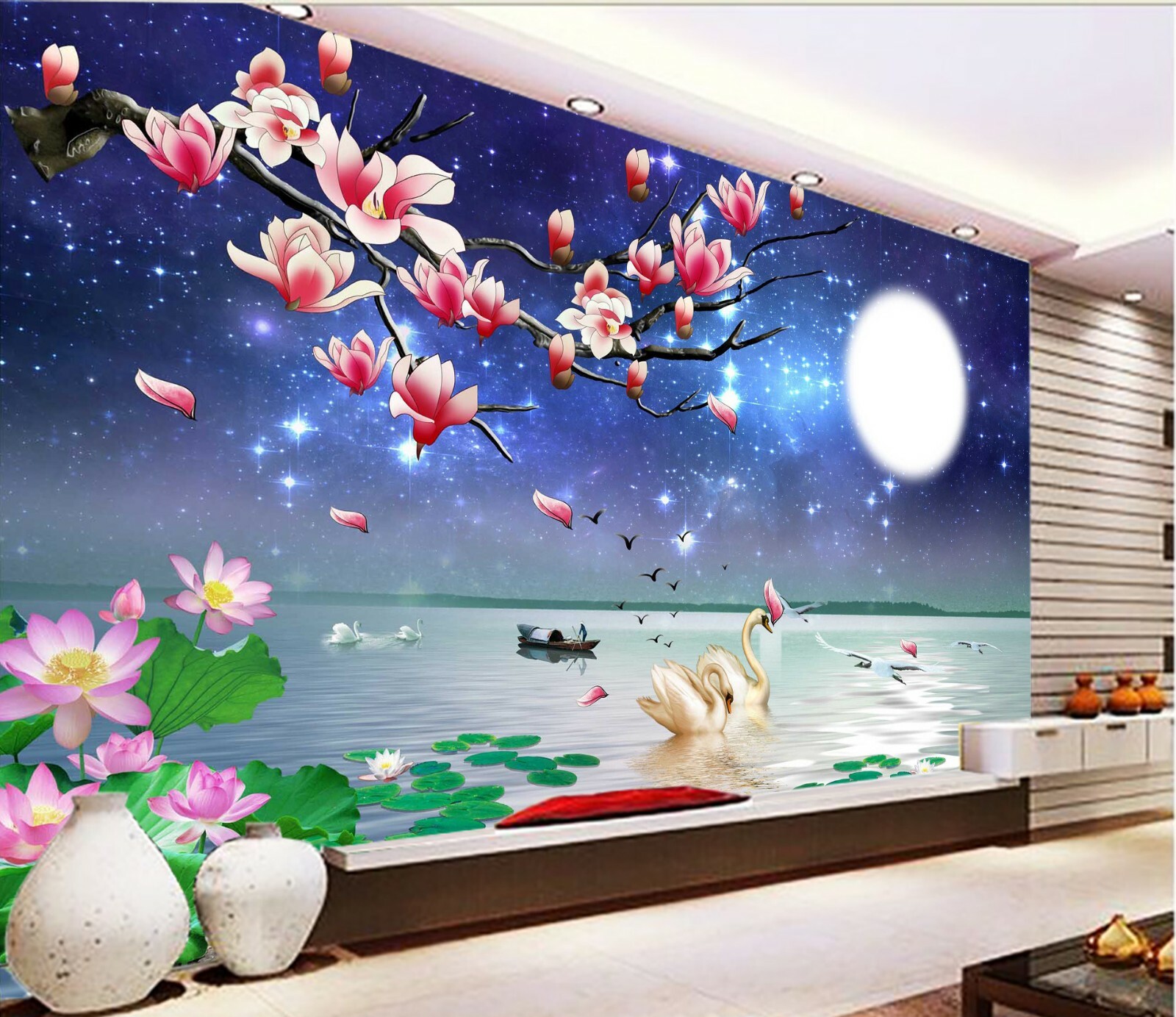 3D Lotus Swan Moon 1451NA Wallpaper Wall Mural Removable Self-adhesive Fay