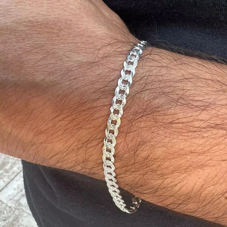 Brazalete Real Plata de Ley 925 Corte Diamante Eslabón Cubano 8" x 5MM Foto 2 de 4