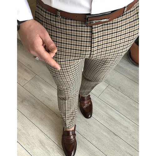 Mens Casual Plaid Bottoms Men Summer Leisure Button Trousers Fitted Long Pants - Picture 7 of 19