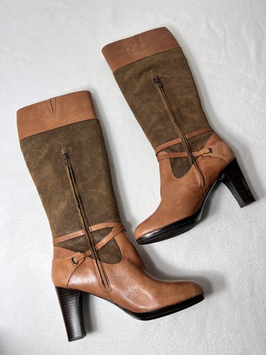 Lauren Ralph Lauren Two Toned Brown Knee Boots 8.5B Heels 3.5 - Picture 5 of 10