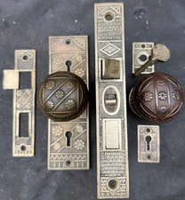 F. C. Linde Front Entrance Set Door Knob, Plates, Lock 1880’s Eastlake Victorian