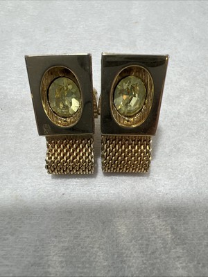 Vintage Wrap Around Mesh Cufflinks 60 s-70 s Gold Tone Canary Yellow Gem Stone