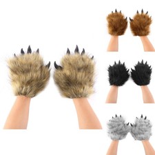 1 Pair Kids Fingerless Wolf Paw Gloves w/3D Nails Plush Animal Cat Paws Gloves