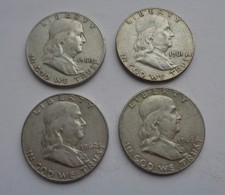 1960-D, 1961-D, 1962-D 1963-D LOT OF 4 90 SILVER FRANKLIN HALF DOLLARS