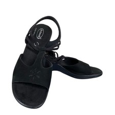  Dr Scholl's Sz 6M Black Sandals Double Air Pillo Wedge Heel Slingback T-Strap 