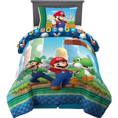 Super Mario Kids Twin Size Bedding, 4 Piece Super Soft Cozy Reversible Comfor...