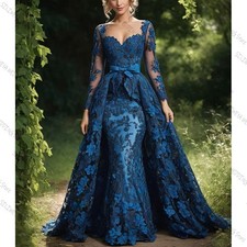 Blue Lace Applique Mermaid Evening Dress Chic Prom Gown with Detachable Train