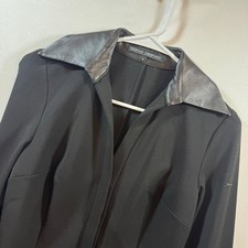 Donna Degnan Black Leather Trim Blouse Long Sleeve Cuffed Shirt Sz 4 Made in USA
