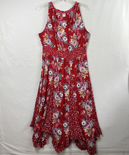 Bila Floral Maxi Dress Red Floral Sleeveless Tie Neck Smocked Waist Sz XXL Beach