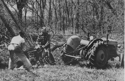 1950s 8x10 Hydroflow Power Saw Two Men Cutting Tree Tractor Forestry Equipment