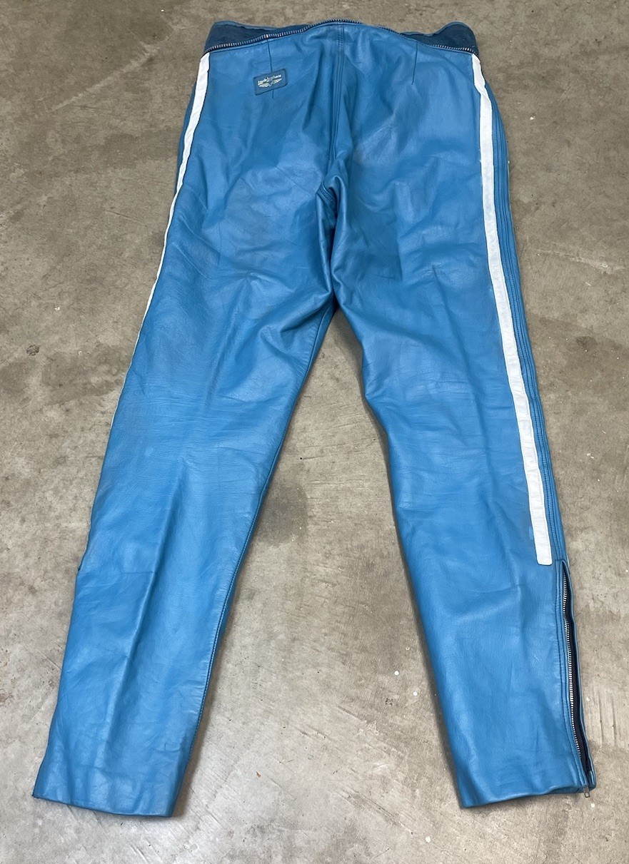 70s blue striped Lewis Leathers Aviakit One Piece Racing Suit. Made in England.